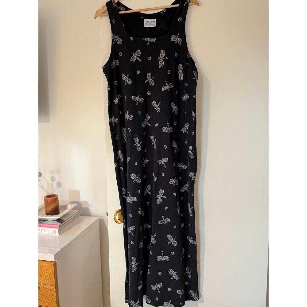 Vintage Fresh Produce Dragonfly Maxi Dress Womens XL Black Cotton Cottagecore ✨